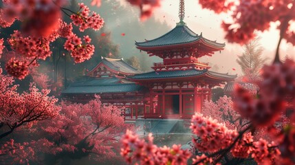 Serene Japanese Temple Amidst Cherry Blossoms - Generative AI