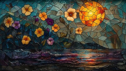 Wall Mural - A serene stained glass artwork depicting vibrant flowers against a backdrop of a full moon, with intricate details and a calming nighttime atmosphere.
