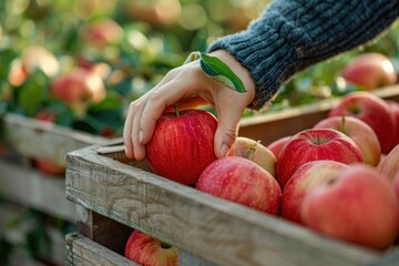 Wall Mural - Harvesting Fresh Red Apples in a Wooden Crate
