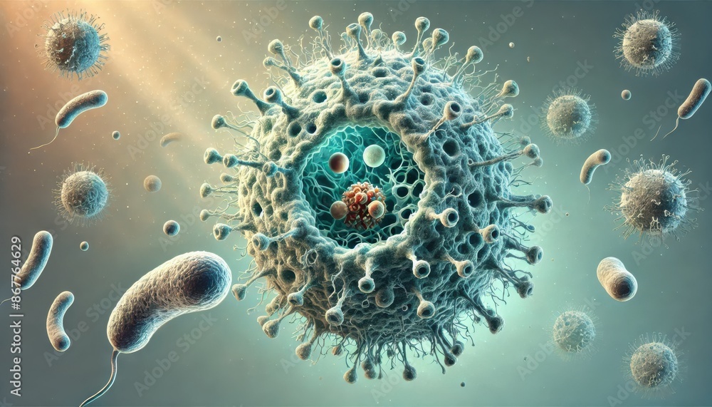 High-resolution digital illustration of a virus structure surrounded by ...