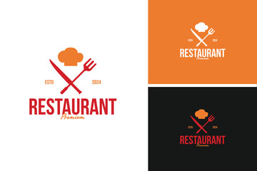 Wall Mural - The classic chef's hat with a fork logo design on one side and a knife on the other for restaurant or BBQ. Vector illustration template idea