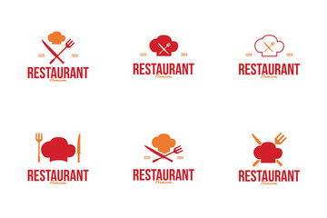 Wall Mural - Set of chef hat with a fork logo design on one side and a knife on the other for restaurant or BBQ. Vector illustration template idea