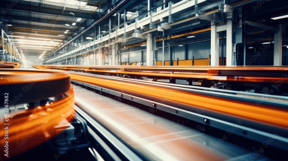 Modern factory assembly line in operation with motion blur effect ...