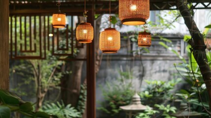 traditional chinese pendant lights made from wicker twine hanging outdoors