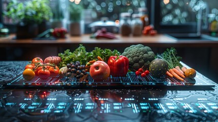 Wall Mural - Fresh Organic Vegetables and Fruits on Digital Interface - Generative AI