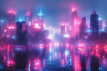 Wall Mural - A minimalist cyberpunk cityscape with clean lines and subtle neon accents. The serene, abstract design captures the futuristic essence of urban environments in a tranquil, digital style.