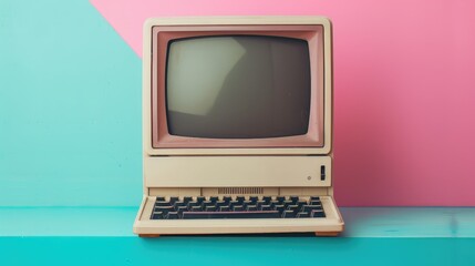 Wall Mural - Retro Vintage Computer on Colorful Background - Nostalgic Technology and Digital Era