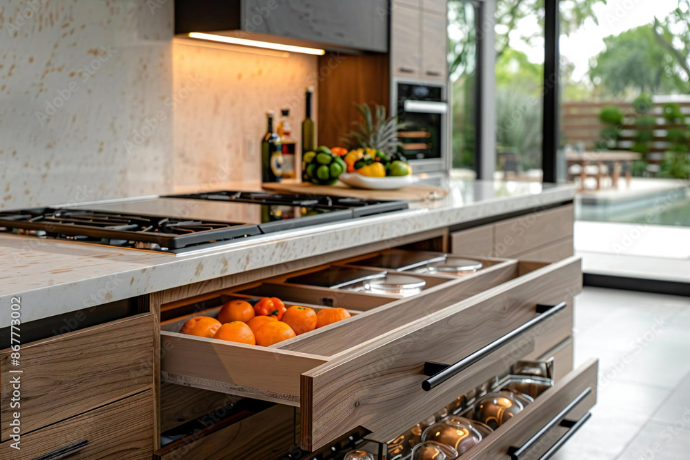 Detail shot of hidden storage solutions within custom cabinetry ...