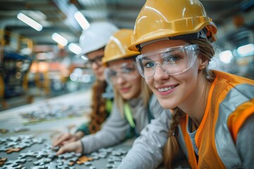 Close-up photo of female Caucasian architects working together on puzzle pieces at construction site.