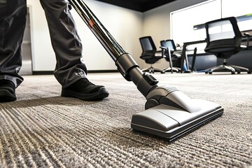 full body photo of a Caucasian male carpet cleaner in action using vacuum cleaner at an office.