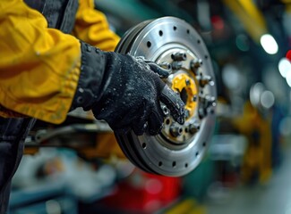 Poster - Close-up of a Mechanic's Hand Holding a Brake Rotor