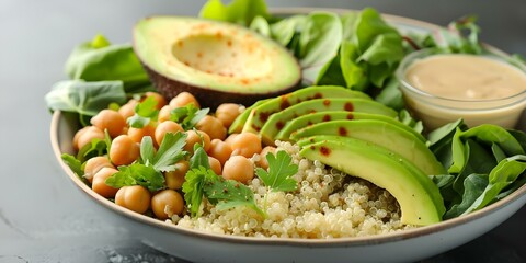 Wall Mural - Beautifully arranged Buddha bowl featuring quinoa, chickpeas, greens, avocado, and tahini dressing on a table. Concept Food Photography, Buddha Bowl, Quinoa, Chickpeas, Avocado, Tahini Dressing