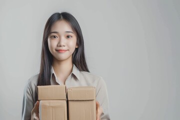 A young woman is smiling while holding cardboard boxes