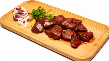 Wall Mural - Liver delicacy, smooth pieces of pork liver on a wooden board