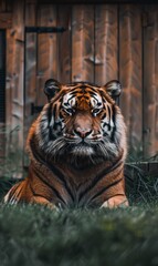 Wall Mural - Photo of an angry tiger, looking at the camera with its head tilted to one side, resting on grass in front of him. The background is blurred and shows wooden walls behind it. 