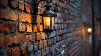 Poster - Lamp hanging close to brick wall