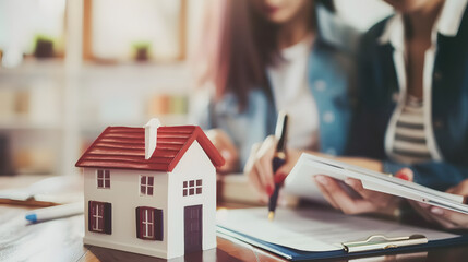 Two real estate agents reviewing property documents with a small house model on the table. Perfect for themes of real estate, property management, and home buying.