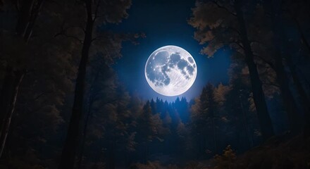 Sticker - Full moon illuminating the night sky over a dark forest creating a serene and mystical landscape Seamless looping timelapse virtual video animation background 4k