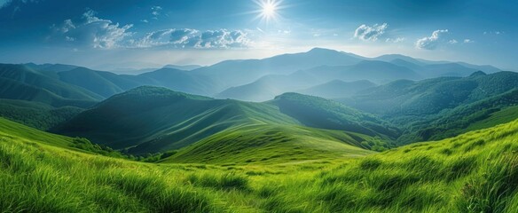 Wall Mural - Mountain Landscape with Lush Green Meadows Under a Sunny Sky
