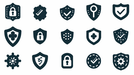 Set of security icons, black and white silhouette, simple vector illustration on flat background, modern design elements, shield with lock symbol, check mark icon for professional website or mobile ap