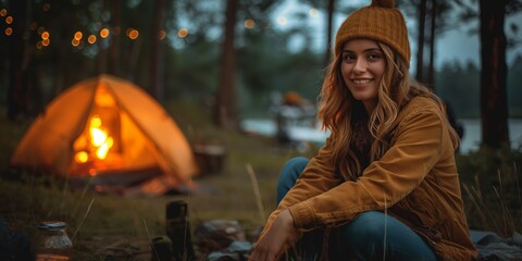 Wall Mural - woman camping in autumn forest at twilight time