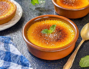 Poster - Delicious and traditional French Crème Brûlée dessert, served in a rustic bowl, with a top layer of caramelised sugar.