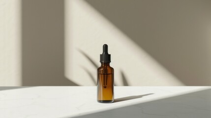 Wall Mural - Amber Glass Dropper Bottle With Liquid on White Surface in Sunlight