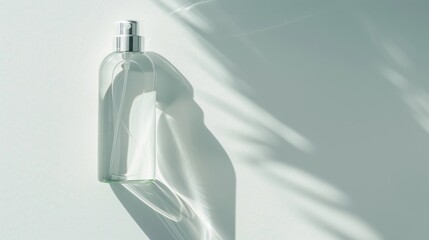 Wall Mural - Clear Glass Perfume Bottle With Silver Spray Top Against White Background With Sunlight Shadows