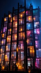 Wall Mural - tall modern building glowing windows, urbancore, art event exhbition