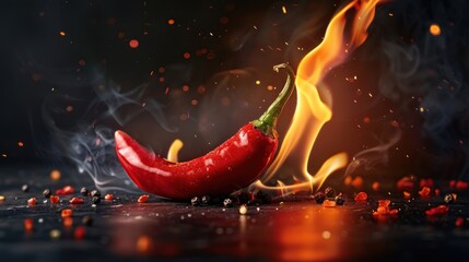 Spicy food concept background with Red hot chili pepper on fire