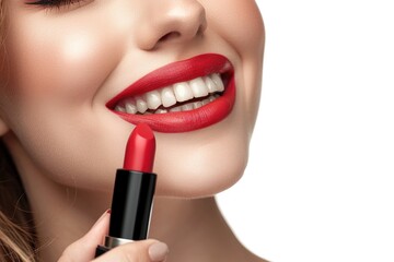 Close-up of a womans face with a bright red lipstick smile. She confidently holds a red lipstick tube, showcasing beauty and confidence in bold lip color