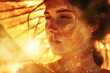 © Konstiantyn Zapylaie - A close-up portrait of a woman bathed in warm, golden light, her face adorned with shimmering details, capturing the beauty of a summer sunset