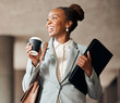 © KayJoint/peopleimages.com - Business, black woman and happy with coffee to travel for first day at work with pride and joy for career as accountant. Female employee, smile and positive with tablet for job opportunity and growth