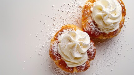 Wall Mural - French cream puff with whipped cream and powdered sugar on white background top view