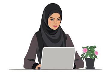 Wall Mural - arabic woman using laptop vector on table stock image isolated vector style