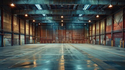 Wall Mural - Background image of spacious industrial warehouse interior with high ceilings and lighting. Interior design of factory. Manufacturing and storage facility. Design for poster, wallpaper, banner. AIGT2.