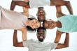 © peopleimages.com - Sky, huddle and portrait of people with fitness for teamwork, support or running motivation in nature. Low angle, diversity and group of friends with smile for synergy, community or race in morning