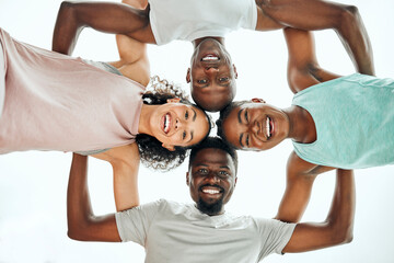 Wall Mural - Sky, huddle and portrait of people with fitness for teamwork, support or running motivation in nature. Low angle, diversity and group of friends with smile for synergy, community or race in morning