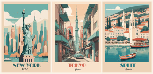 Wall Mural - Set of Travel Destination Posters in retro style. New York, USA, Tokyo, Japan, Split, Croatia prints. Exotic summer vacation, holidays, tourism concept. Vintage vector colorful illustrations.