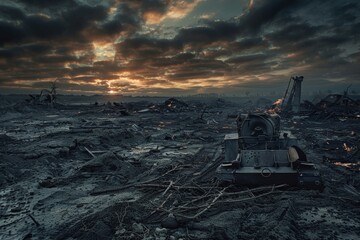 a desolate battlefield strewn with wrecked machinery and scorched earth under an apocalyptic sky, th