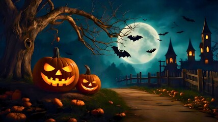 halloween spooky night with black castle, spider, bats, full moon. halloween background with pumpkin and bats 1