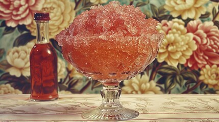   Close-up of a bowl of food and a wine bottle on a table with floral wallpaper background