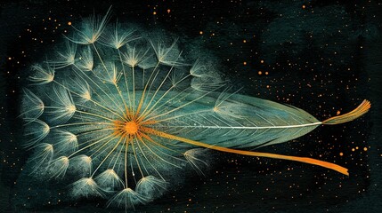 Poster -   A close-up of a dandelion on a black background with gold flecks in the center of the dandelion