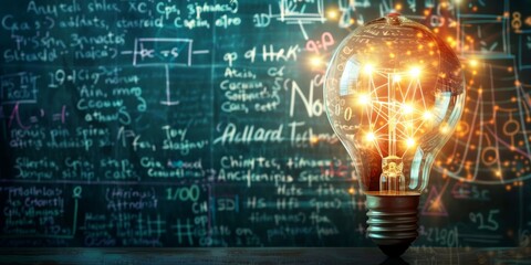 Wall Mural - Glowing lamp as a symbol of scientific thought against the background of physical and mathematical formulas