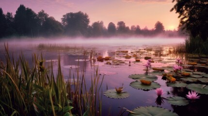 Sticker - Misty Sunrise Over a Lily Pad Lake