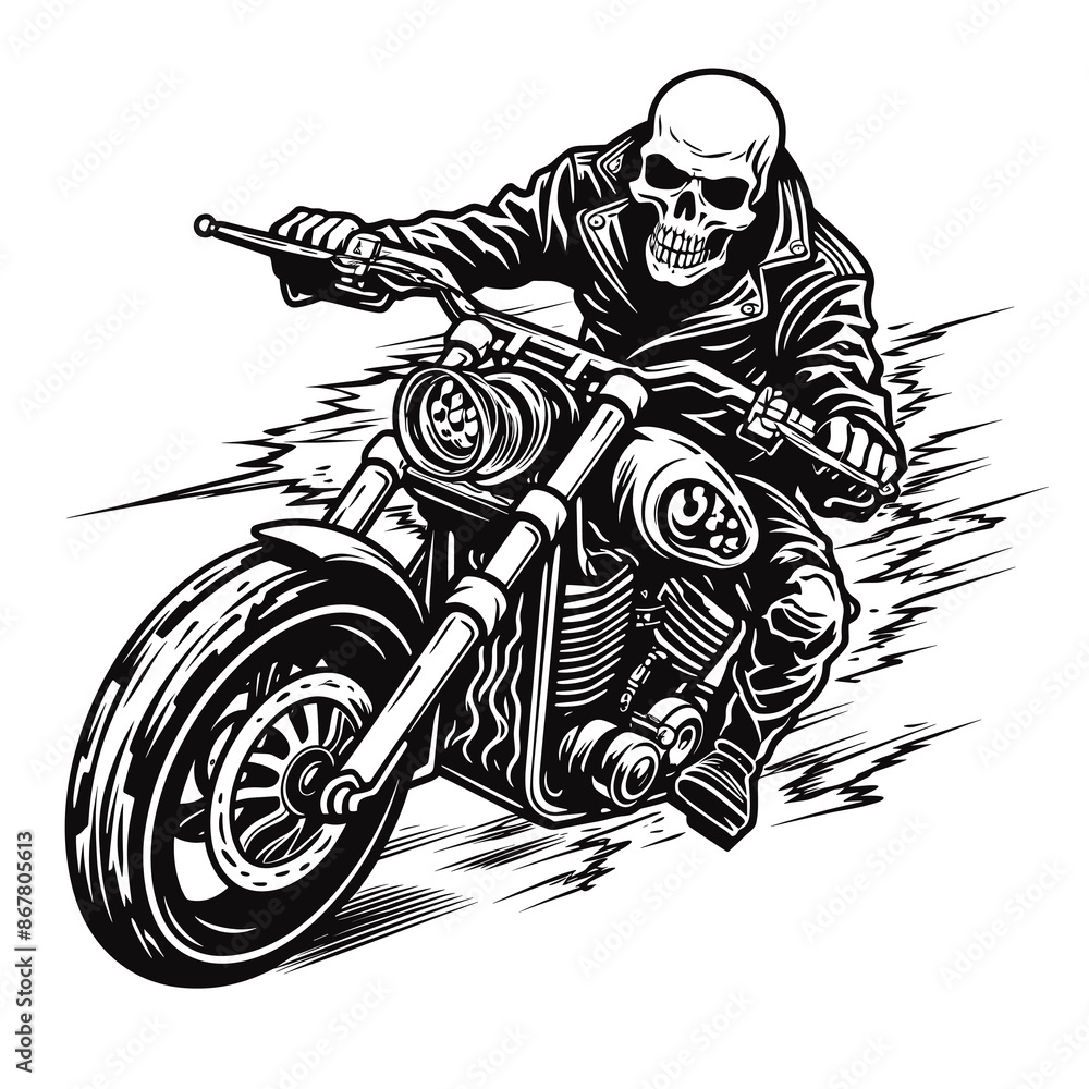 Bold Detailed Skeleton Biker on Motorcycle, Tattoo Style, High-Quality ...