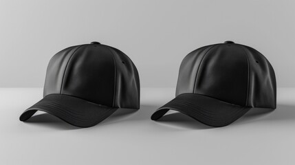 Mockup. Black Baseball Cap Front and Back View on Grey Background for Apparel Advertising
