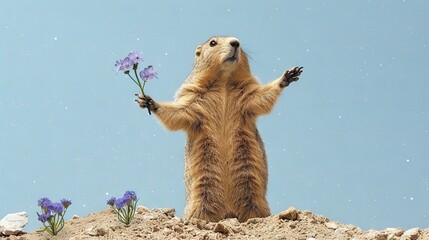 Wall Mural -   An animal in brown fur and white fur stands tall on hind legs with a flower in its hand amidst sand