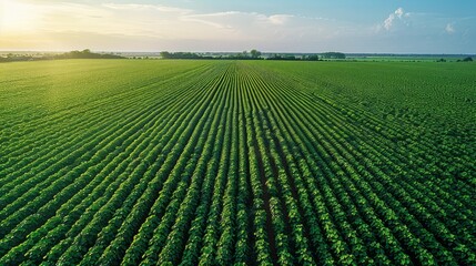 Wall Mural - Aerial view of a huge, lush bean field with a clear blue sky in the background.