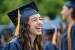 © Oleksandr - Triumphant graduate in cap and gown, laughing with pride and happiness, symbolizing success